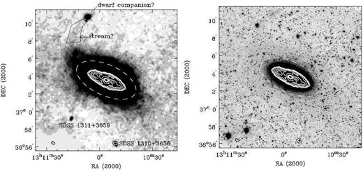 Low spatial resolution H i integrated intensity contours (white) overlaid on the Spitzer 3.6 μm image to show the full extent of the stellar disc. The 3.6 μm image on the left is smoothed and edited to highlight the low surface brightness features, including a possible dwarf companion to the north and a hint of a potential stellar stream connecting it to NGC 5005. The outlined region demarcates where flux assumed to be part of the potential stream was measured. The image on the right shows the unmasked, unsmoothed large field of view around NGC 5005. The dwarf companion SDSS J131051.05+365623.4 (labelled as SDSS 1310+3656 in the left-hand panel) to the south of NGC 5005 is detected in H i. The dwarf companion SDSS J131115.77+365911.4 (abbreviated as SDSS 1311+3659) is also visible to the southeast of NGC 5005 in the left-hand panel. The white dashed ellipse indicates Rbreak (Section 2.5) in both images.