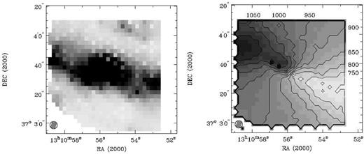 Left: SparsePak [N ii] λ6584 emission line flux map for the central 70 arcsec × 70 arcsec of NGC 5005. The [N ii] λ6584 flux map illustrates where the ionized gas emission is strongest and thus where the cross-correlation analysis has the highest signal-to-noise ratio. Right: Luminosity weighted mean velocity field for the central 70 arcsec × 70 arcsec from SparsePak observations of ionized gas. Contours represent lines of constant rotational velocity, the values of which are indicated above and on the left in units of km s−1.