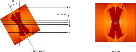 The definition of aperture cuts. The central aperture is labelled by zero. α is the angle between the symmetry axis and the plane normal to the observer sight line. The left-hand panel is the side view of the object. The right-hand panel is the front view. Here, the size of the aperture can be appreciated.