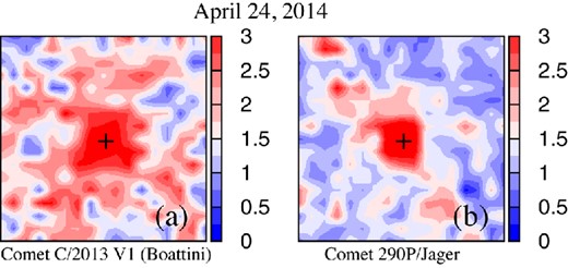 The polarization maps of (a) comet C/2013 V1 (Boattini) at 26$_{.}^{\circ}$1 and (b) comet 290P/Jager at 26$_{.}^{\circ}$9 phase angle. The ‘+’ mark denotes the photocentre of the comet. The field of view is about 45 000 × 45 000 km.