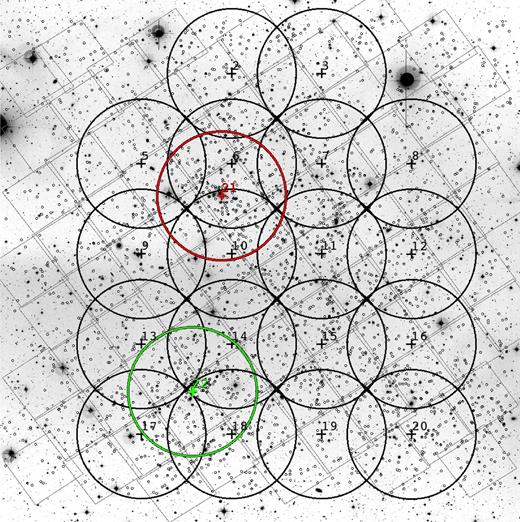 The OSIRIS observed fields (labelled 2–3, 5–22), represented as circles of radius 4 arcmin, overlaid on top of the footprint of the 80-tile STAGES HST/ACS mosaic and a COMBO-17 R-band image. The very small black circles mark the positions of cluster galaxies with mR < 23, where cluster membership is defined as in Gray et al. (2009) using the COMBO-17 photometric redshifts.