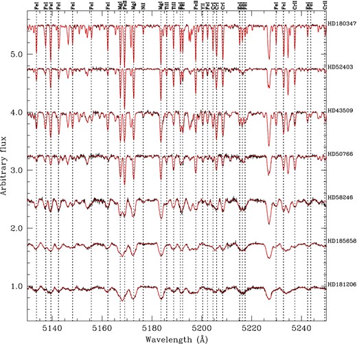 Example of our spectral synthesis in the range 5130–5250 Å. Stars have been ordered from top to bottom by increasing v sin i.