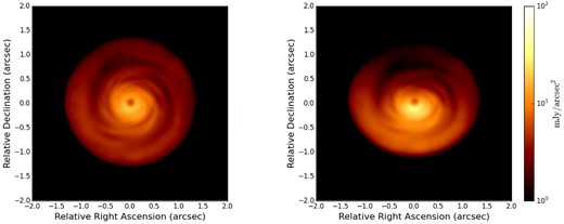 Synthetic HiCIAO H-band polarized intensity image of a disc model two times bigger than the model of Fig. 11 (i.e. Rout = 300 au) with two different inclinations: 10° (left) and 30° (right).