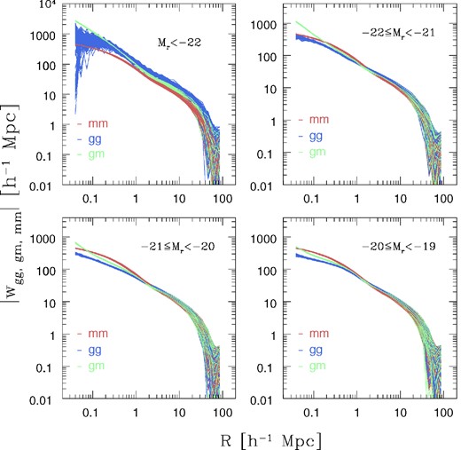 Projected correlation functions measured for all 216 subcubes of the MXXL at redshift 0.24. The red, blue and green lines represent the matter–matter, galaxy–galaxy and galaxy–matter correlation functions, respectively. In each panel, the galaxies are binned according to their r-band absolute magnitudes.
