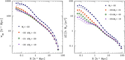 Left-hand panel: the projected galaxy correlation function for various magnitude bins. The symbols denote the average of the 216 subcubes; the error bars are on the mean. The lines represent the theoretical predictions of equation (26). Right-hand panel: the excess surface density. Symbols and lines are just like in the left-hand panel.