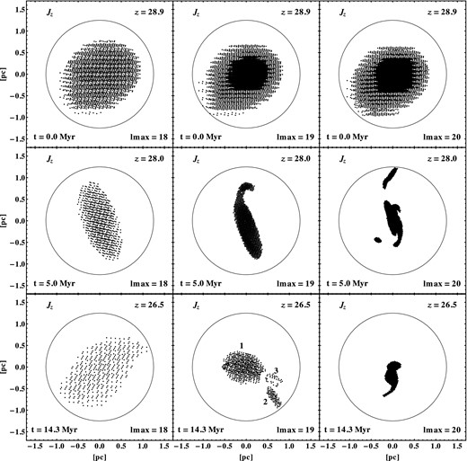 View along the Jz axis of the densest cells which represent 2/3 of the total mass within a 1.25 pc radius of the densest cell for the three different resolutions (columns) and at three different times (rows). The top row shows the initial collapse, the middle row is 5 Myr after collapse, and the bottom row is 14.3 Myr after the collapse, the point at which we extract the clump properties. Points in the bottom row represent the corresponding star-forming region of the clump. The three clumps labelled 1, 2, and 3 in the bottom-middle panel represent the three clumps which were extracted from the lmax = 19 simulation and used to create non-spherical initial conditions for simulation with nbody6. The circle indicates a radius of 1.25 pc.