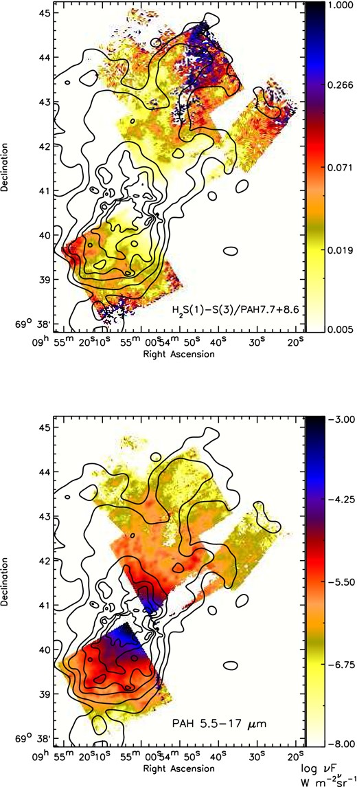 Image of the H2/PAH (top) and total PAH flux (5.2-17 μm) (bottom), overlaid with contours from soft (0.3–1.6 keV) X-ray emission map of M82 (Strickland & Heckman 2009).