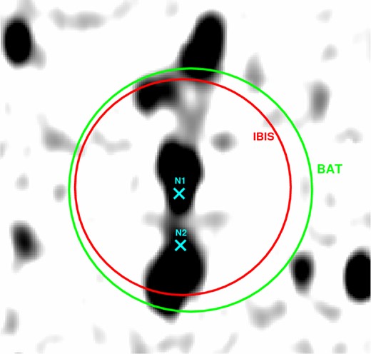843 MHz SUMSS radio image of the region containing IGR J14488–4008. The larger, green circle marks the BAT position and relative uncertainty (5.07 arcmin); the red circle marks instead the ISGRI position and its uncertainty (4.5 arcmin). The two objects marked as N1 and N2 are the two X-ray sources detected by XRT. N1 is the true counterpart to the high-energy source.
