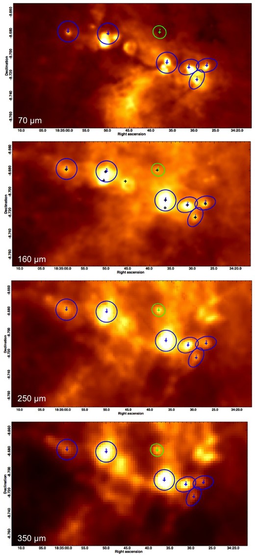 The FIR counterpart of the IRDC catalogued as HGL23.271-0.263. From top to the bottom: 70, 160, 250 and 350 μm images. The protostellar clumps are shown in blue and the starless clumps are shown in green. The ellipses correspond to the elliptical region, defined at 250 μm, used to estimate the source fluxes at all wavelengths. The black crosses in the 160 μm image show the sources initially identified in this map.