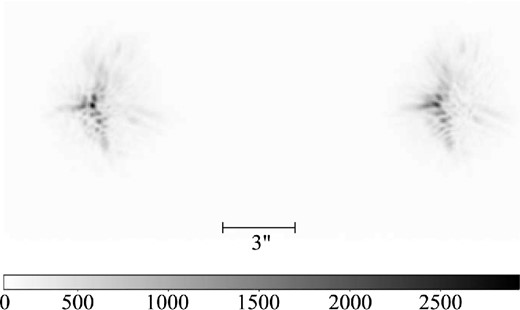 A single frame from Vega, obtained with the prototype of the Multimode Fast Camera and an exposure 30 ms. The separation of the images is 210 pixels. The brightness scale at the bottom is in counts.