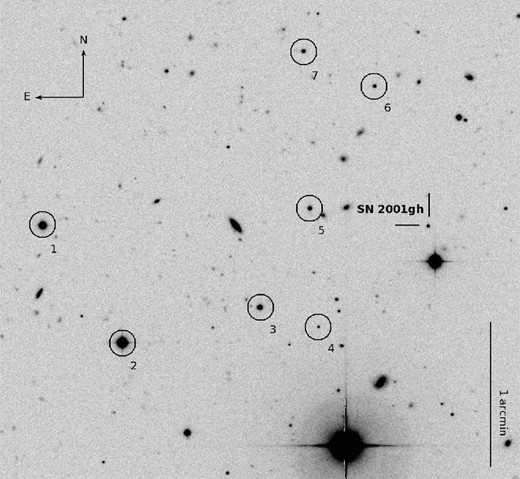 V-band image of SN 2001gh field taken with ESO 2.2 m + WFI on 2001 November 12. The stars used for the photometry calibration of the SN are labelled with numbers.