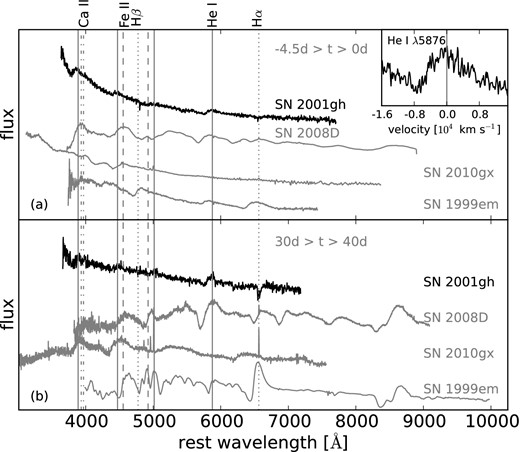 Comparison between optical spectra of SN 2001gh a few days before maximum light (a) and one month later ( b) with those of SN Ib 2008D, the superluminous stripped envelope SN 2010gx and the SN II-P 1999em. The inset enlarges the region around the He i λ5876 feature. Vertical solid lines mark the rest-frame position of the main He i features, while the dotted, dashed and dot–dashed lines give the rest wavelength positions of the main H and Fe ii lines, along with those of the Ca ii H&K doublet. All spectra have been reddening and redshift corrected adopting the values derived in this paper and from the literature.