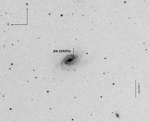 I-band image of SN 2002hy field taken with LCO 40 inch + CCD on 2002 November 18. The SN position is marked.