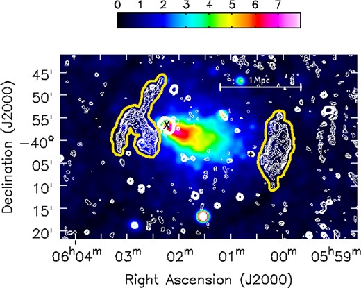 GMRT 325 MHz contours (Kale et al. 2012) on the ROSAT X-ray (0.1–2.4 keV) broad-band image. The units of the X-ray image are in counts s−1 arcmin−2. The contour levels start from 5.8 mJy beam−1 (3σ) and increase by a factor of $\sqrt{2}$. The resolution of the radio image is 39 arcsec × 39 arcsec. The × and the + represent the BCG2 and BCG1 galaxies, respectively. The yellow solid line (drawn by the authors) marks the boundaries of the east and west relics.
