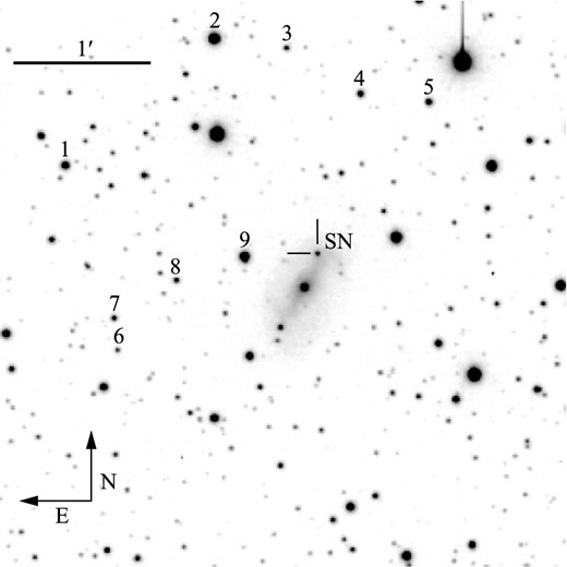 The LJT R-band image of SN 2013en and its reference stars, taken on 2013 Aug. 3.61. The image scale is 0.283 arcsec pixel−1. Nine local standard stars are labelled with Arabic numerals.