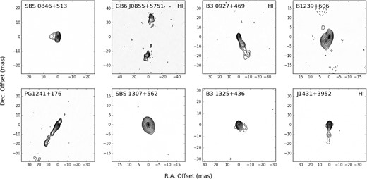 VLBA maps of eight of the background sources from our survey. The label ‘H i’ in the top-right corner of three maps indicates that 21-cm H i absorption has been detected against these targets. The data have been taken from Helmboldt et al. (2007).