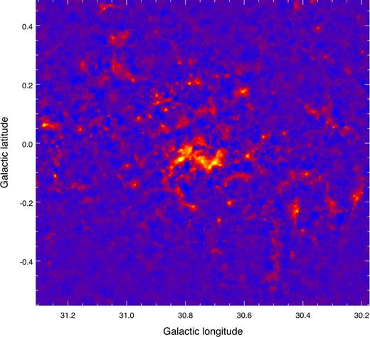 850-μm surface-brightness distribution in the ∼1 deg2 area around the W43 star-forming region. The data have been lightly smoothed with a σ = 7.2 arcsec Gaussian kernel, equivalent to the 850-μm JCMT beam, slightly degrading the native spatial resolution.