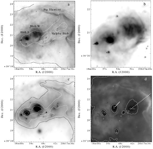 (a) A map of the studied region at 8 μm with overlaid contours of 500 μm emission. (b) An expanded area of the 8 μm map around the infrared blobs. (c) A map of the studied region at 24 μm with overlaid contours of 160 μm emission. (d) A map of the ratio of fluxes at 8 and 24 μm. Dashed and solid lines indicate cuts for which flux ratio profiles are presented in Figs 13(a) and (b), respectively.