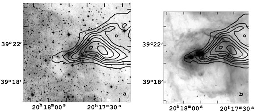 vdB 130 region with contours of the ‘head’ of the CO cloud (Schneider et al. 2007) superimposed on to the E-DSS2 map (a) and on to the 8.0 μm image (b).