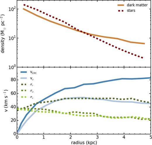 The radial density profile of the dark matter halo (solid line), and stellar distribution (dashed line), is shown in the top panel. These quantities are measured within annuli that lie parallel to the plane of the disc, and whose vertical height extends to ±1 kpc above and below the plane of the disc. In the lower panel, the circular velocity in the plane of the disc (solid, dark blue line) is shown, measured from the radial gradient of the potential. The azimuthal velocity (solid, light blue line) and the velocity dispersion components (dotted lines) are also shown, measured directly from the stellar dynamics.
