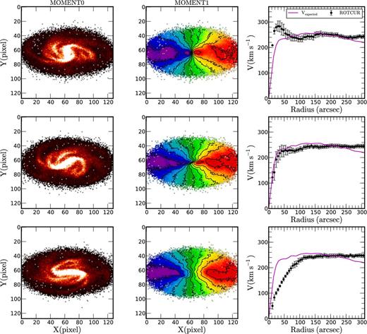 Three different bar positions for the model gSb (FFT-sticky particles, T = 700 Myr see Fig. 2 for details).