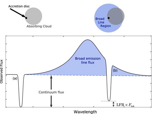 Schematic view of partially absorbing cloud. The top-left panel shows the projected view of the background quasar's accretions disc (black dot) and the foreground absorbing cloud (grey circle). The top-right panel shows the same configuration but with the quasar's BLR shown as the blue circle. Absorption from different transitions in the foreground cloud is seen in the observed spectrum in the lower panel. Here the line marked (a) corresponds to the top-left scenario at a wavelength where there is no contribution from broad emission line flux. The line marked (b) shows the top -right scenario at a wavelength where broad emission line flux is contributing to the total observed flux. Due to the partial coverage of the BLR indicated in the top-right panel, an LFR is observed in the saturated line, i.e. the line does not reach zero.