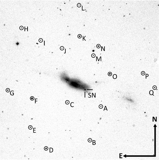 SN 2014G in NGC 3448. The V-band image taken from 104-cm ST covering a subsection of about 11 × 11 arcmin2 is shown. The secondary field standards are marked with circles.