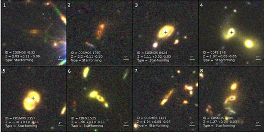 RGB thumbnails of composite sources using F125W, F160W and F814W filters; three sources show sure signs of merger activity (4, 5 and 8), and 7/8 show nearby companions or distorted morphologies (with the exception of composite 1).