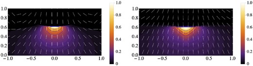 Image of the knot (σ1 = 0) and its polarization vectors (E-field) for f(θ) = sin 2θ, (left) and f(θ) = sin 4θ, (right). At each location the polarization degree corresponds to the theoretical maximum for the synchrotron emission. The rotation of polarization vectors across the image results in depolarization of the integral emission. The contours start from 0.9 of the peak value and decrease by the factor of $\sqrt{2}$ thereafter.