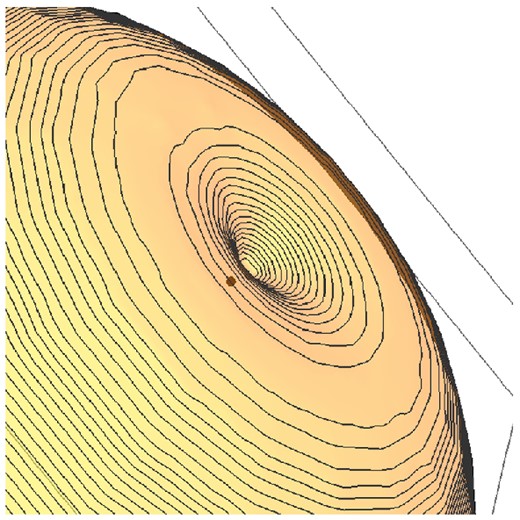 View of the polar region of the termination shock for f(θ) = sin 2θ and the viewing angle θob = 60°; the pulsar position is shown by the dot.