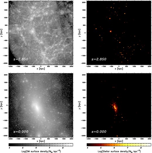 Surface density maps of the dark matter particles (left) and star particles (right) at z = 2.85 (top) and z = 0 (bottom) in run H29 (see text). The star particles reside in dark haloes with FOF halo mass MFOF ≥ 1011 M⊙ at z = 2.85 as described in the text. The box size is 4 Mpc × 4 Mpc on the physical scale. Grey-scale and colour bars indicate the surface densities of dark matter and stellar matter, respectively.