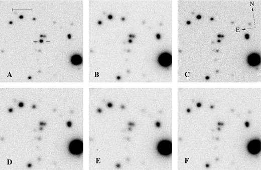 Montage of Cir X-1 in each of the six acquisition images (Table 1). Cir X-1 is indicated by the horizontal bars in the top-left panel; the scale bar in the top-left corner is 5 arcsec in length. North is up and east is to the left, skewed by 8 $_{.}^{\circ}$5 E of N, as shown in the top-right panel.
