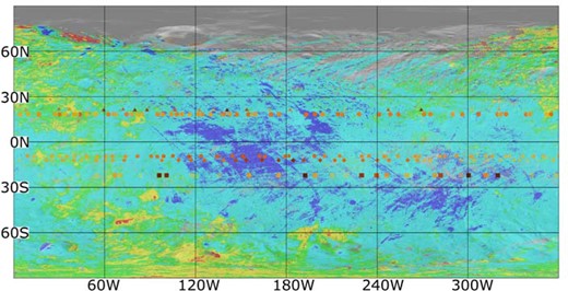 The compositional map of Vesta shown in Fig. 1, with superimposed locations of the sub-Earth points at the epochs of the polarimetric light curves at our disposal. Different symbol shapes are used for different polarimetric light curves. For each curve, which runs along Vesta parallels, different values of linear polarization with respect to the average value for each curve, are indicated by using a scale of colours (from white for lowest polarization, to deep red for highest polarization, see text). The horizontal strips of data represent, from north to south (top to bottom) the 1988, 1977, 1978, 1986, 2011 polarimetric light curves, respectively.