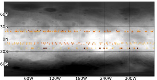 The same as Fig. 4, but here the background consists of a digital terrain model map of Vesta, and shows the relative elevation with respect to the average best-fitting ellipsoid shape of Vesta. In this representation, regions of higher elevation are plotted as brighter areas (Yingst et al. 2014).