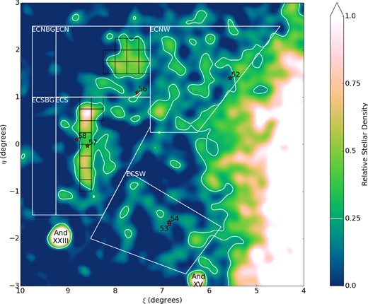 Map of East Cloud contamination-subtracted relative stellar density. Pixels are $0.025\deg \times 0.025\deg$, and have been smoothed with a Gaussian with $0.10\deg$ dispersion. The colour gradient is scaled relative to the peak in the main body of the East Cloud subfields (which lies in ECS), with contours at a relative density of 0.25 (white). The positions of known GCs in the region are marked with red stars. The flux chain pixels used for surface brightness estimation have been outlined in black (see Section 5.1). The white boundaries mark four separate EC fields, and the two background fields used for the primary EC fields. The small bright overdensities to the South-East and South-West are the dwarf galaxies AndXXIII and AndXV, respectively.