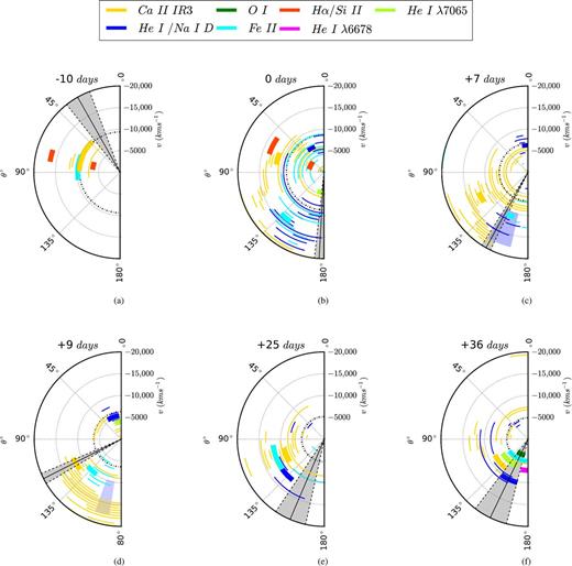 Polar plots for iPTF 13bvn from −10 to +36 d relative to the r-band light-curve maximum. The diagrams show θline as a function of the velocity (km s−1; increasing radially). The polarization angle across the line profiles for Ca ii, He i/Na i d and Fe ii is plotted, with the data at maximum polarization marked with the heavy line. For other lines, just the polarization angle and velocity at the maximum polarization is plotted. We only show those line features that are significantly detected above the continuum level (p > pcont + 3σ). The length of each arc represents the ±1σ uncertainties on the polarization angle. The photospheric velocity as measured by the velocity at the absorption minimum of Fe ii λ5169 is indicated by the black dashed semi-circle, while the continuum polarization angle is shaded in grey. (a) The line polarization at this epoch is characterized by a shared polarization angle for Ca ii, Fe ii and Si ii/H α across a large velocity range. Indicative of a shared axis of symmetry for the line-forming regions in the outer ejecta that is slightly rotated from that of the photosphere, as marked by the grey shaded region. (b) The light-curve maximum appears to be a transitional phase where the LV and HV components observed later begin to emerge. A rotation in the polarization angle with velocity is observed for both Ca ii (counter-clockwise) and He i/Na i d (clockwise), appearing as spirals on this plot. (c) The LV and HV components of He i/Na i d become more apparently distinct at +7 d. The polarization angle of the HV He i/Na i d component is marked by the shaded blue region at this epoch and at +9 d. From +7 d onwards, the continuum polarization angle approximately aligns with the HV components. (d) The separation of the LV and HV components is most clearly seen at this epoch. LV Ca ii and He i/Na i d components, moving at velocities ≳−8000 km s−1 , share a polarization angle of ∼25°. The higher velocity material show a greater dispersion among the separate ions from ∼120° to ∼170°. (e) Similarly to −10 d, the polarization angles of all species approximately agree indicating an axis of symmetry for the inner ejecta in alignment with the earlier HV Ca ii component. (f) A slight rotation in the line polarization angles towards that of the continuum is observed in this final epoch of polarimetry, indicative of a shared axisymmetric geometry for the photosphere and line-forming regions. Both Ca ii and He i/Na i d display some scatter in the polarization angle with velocity, suggesting that departures from this axisymmetry are also present in the ejecta at late times.