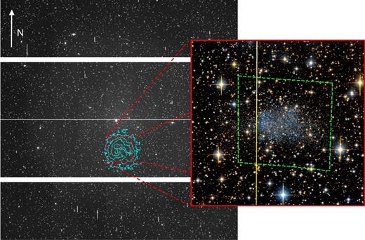 Processed i-band CFHT/MegaCam image, showing the full 1° × 1° field of view, oriented with north upward, east left. Overlaid blue contours show the H i distribution from LITTLE THINGS (Hunter et al. 2012), with contours at 10, 50, 100, 250, 500 (Jy beam−1)(m s−1). The inner 6′ × 6′ region is shown in the composite g- and i-band image, with the green dashed box indicating the HST ACS observations analysed by Momany et al. (2005).