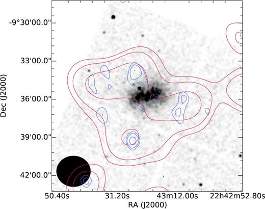 Grey-scale plot showing X-ray image of MACS J2243.3-0935 in the Chandra ACIS 0.5–7 keV band. The image has been smoothed with a Gaussian kernel with σ = 3 pixels. KAT-7 contours are overlaid in red while NVSS contours are overlaid in blue. Contours are at 3, 5, 10, 15, 20 × σrms where σrms = 500 μJy beam− 1 for KAT-7 and σrms = 400 μJy beam− 1 for NVSS. The resolution of the KAT-7 image is 160.10×144.99 arcsec while the resolution of the NVSS image is $45\,\rm arcsec\ \times 45\, \rm arcsec$