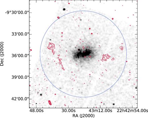 Grey-scale plot showing X-ray image of MACS J2243.3-0935 in the Chandra ACIS 0.5–7 keV band. The image has been smoothed with a Gaussian kernel with σ = 3 pixels. The red contours show the naturally weighted GMRT image. Contours are at −3, 3, 5, 10, 15, 20 × σrms where σrms = 45 μJy beam− 1. The resolution of the GMRT image is 7.44 arcsec×6.06 arcsec. Radio point sources have been subtracted from this image. The blue circle marks the viral radius of MACS J2243.3-0935. The virial radius is $2.13^{+0.18}_{-0.12}\, \rm Mpc$ or 370 arcsec.