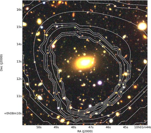 The X-ray emission contours overlaid on the optical RGB image of a galaxy group at z = 0.322 in the COSMOS field. The BGG is located in the X-ray centre of the hosting group.
