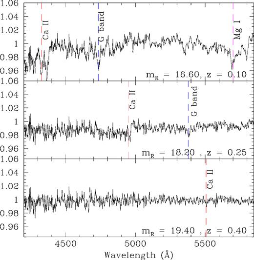 Simulated spectra of S2 0109+22 assuming the contribution of the host galaxy (MR = −22.9) at three different redshifts. Apparent magnitudes, in each panel, represent the values of the host galaxy through the slit. The main absorption features are indicated by vertical dashed lines. Ca ii and G band are still revealed for the case z = 0.10 and 0.25, but not for z = 0.40.