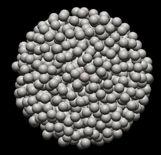 A snapshot of one of our simulations as viewed in the open-GL viewer of rebound. We only show the tidally perturbed body, as the perturbing one is distant from it. The rendered spheres are shown to illustrate the random distribution of node point masses, not imply that the body behaves as a rubble pile (e.g. Richardson et al. 2009; Sánchez & Scheeres 2011). Nodes are connected with a network of damped elastic springs.
