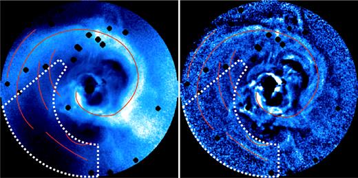 Image of the central r = 3.5 arcmin (≈70 kpc) region of the Perseus Cluster divided by the spherically symmetric β-model of the surface brightness (left) and additionally filtered with the high-pass filter (right); see details in section 6.1 in Zhuravleva et al. (2014a). Point sources and the central AGN are excised. The most prominent ripples are schematically highlighted with red curves. A selected region of the cluster with ripples and without obvious bubbles, central shock, filaments or prominent spiral structure, is shown with dotted boundaries. This region is used in Section 4.2 to test the properties of this subset of ripples.