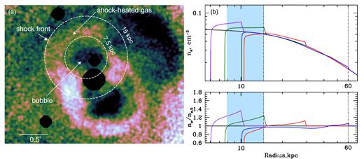 Features produced by the AGN outburst in the innermost region in the Perseus Cluster. (a) the image of the innermost region of the Perseus Cluster (∼60 × 60 kpc) in the 4–8 keV band divided by the best-fitting β-model. Point sources and the central AGN are excised. Dashed circles indicate one of the inner bubbles with the size r ≈ 7.5 kpc and a shock front around it at r ≈ 15 kpc from the bubble centre. (b) Snapshots of simulated density profiles perturbed by a spherical shock, which propagates through the gas in the Perseus Cluster. The shock is driven by an outburst with power 3 × 1044 erg s−1. Black curve shows the initial (unperturbed) density profile, while the colour curves show the profiles at different times after the energy injection starts. The dotted vertical lines indicate the radii of 15 and 60 kpc. The former corresponds to the position of the shock around the inner bubble in Perseus, while the latter shows the approximate location of the distinct ripples. For the shock at ≈15 kpc, the size of the region with the shock-heated gas (shell) is indicated with the shaded blue region. The ratio of the perturbed density to the initial one is shown in the bottom panel.