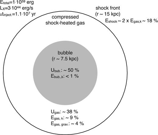 Sketch of the AGN-injected energy partition in the inner 15 kpc in the Perseus Cluster Δtinject. = 1.1 × 107 yr after the injection started. The results are based on 1D simulations of a spherical shock propagating through the cluster atmosphere. The energy is injected at a constant rate LX = 3 × 1044 erg s−1. The total energy released by the AGN up until this moment (when the shock is at 15 kpc from the bubble centre) is Etotal ≈ 1059 erg. The input parameters are shown in the top left corner. About 50 and 38 per cent of the outflow energy is channelled to the excess thermal energies in bubble and in shock-heated gas, respectively. See Section 5.2 for details.