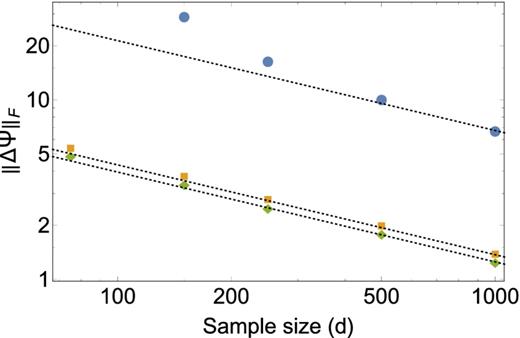 The Frobenius loss $|| \Delta {\boldsymbol \Psi }||_{\rm F}$ for our toy model as a function of sample size d for the sample precision matrix (blue circles), our estimate of the precision matrix with and without the intermediate smoothing step (green diamonds and orange squares, respectively). The latter two cases assume a banding of k = 3. The dashed lines show a d−1/2 trend which is more quickly attained by the estimates presented in this work than by the sample precision matrix. Recall that this is a 100 × 100 matrix – one cannot estimate the sample precision matrix with d < 100. This restriction is not present for the estimator presented here; all that is required is that d > k.