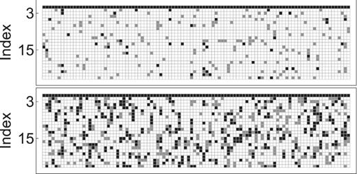 Selecting the banding for the toy model, with each row representing whether a particular off-diagonal was consistent with zero or not. Each row represents an off-diagonal in the scaled precision matrix ${\cal R}$, with the index of the off-diagonal on the y-axis, while each column represents a set of d = 500 simulations used to estimate the precision matrix. In order to estimate the precision matrix, we assume a banding of k = 25. Unfilled boxes show diagonals consistent with zero, grey boxes show diagonals that are inconsistent with zero at the 95 per cent level but not at 99 per cent, while black represents diagonals inconsistent with zero at the 99 per cent level. An index of one represents the first off-diagonal. The top panel considers the unsmoothed matrix, while the lower panel considers the smoothed case. The tridiagonal nature of the matrix is clearly apparent here, with the first off-diagonal clearly non-zero, and no structure evident for the remaining cases. We choose k = 3 as our fiducial choice for both cases.