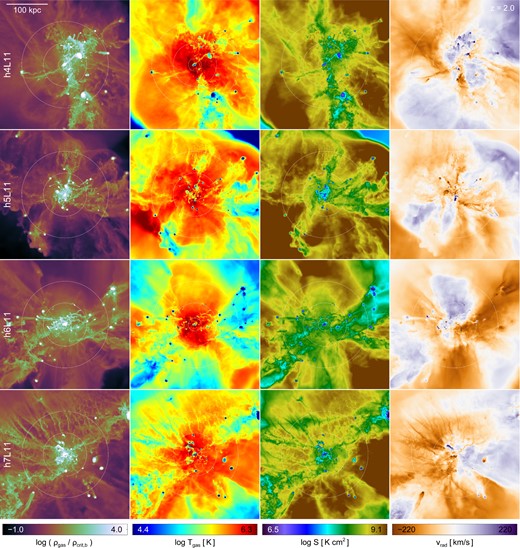 As in the previous figure, mass-weighted projections of gas density, temperature, entropy, and radial velocity at z = 2, but for the other four simulated haloes.