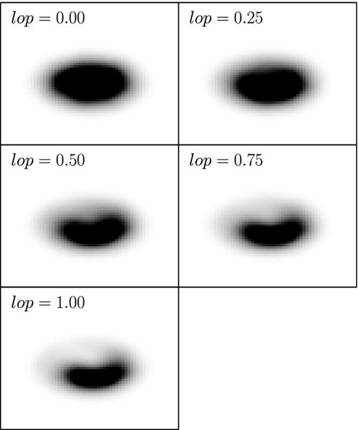 Example of a TiRiFiC model galaxy with different levels of lopsidedness. An example set of input values for these galaxies are shown in Fig. A1.