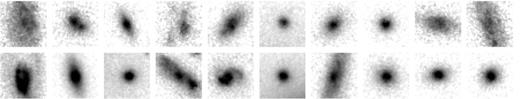 HST/ACS 2 × 2 arcsec2I-band images for 20 red sequence galaxies with n < 2 and magnitudes within ∼1 mag of $M^{\ast }_R$ from the z = 0.9 cluster CL 1226+3332. Presentation is the same as that for fig. 7 in Paper 1 with the grey-scale stretching between the mean sky level to the square-root of the central surface brightness (so more diffuse, lower surface brightness galaxies appear to have noisier images).